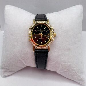 Vintage LA Express Quartz Watch | Gold Tone Rhinestone Bezel | Leather Strap